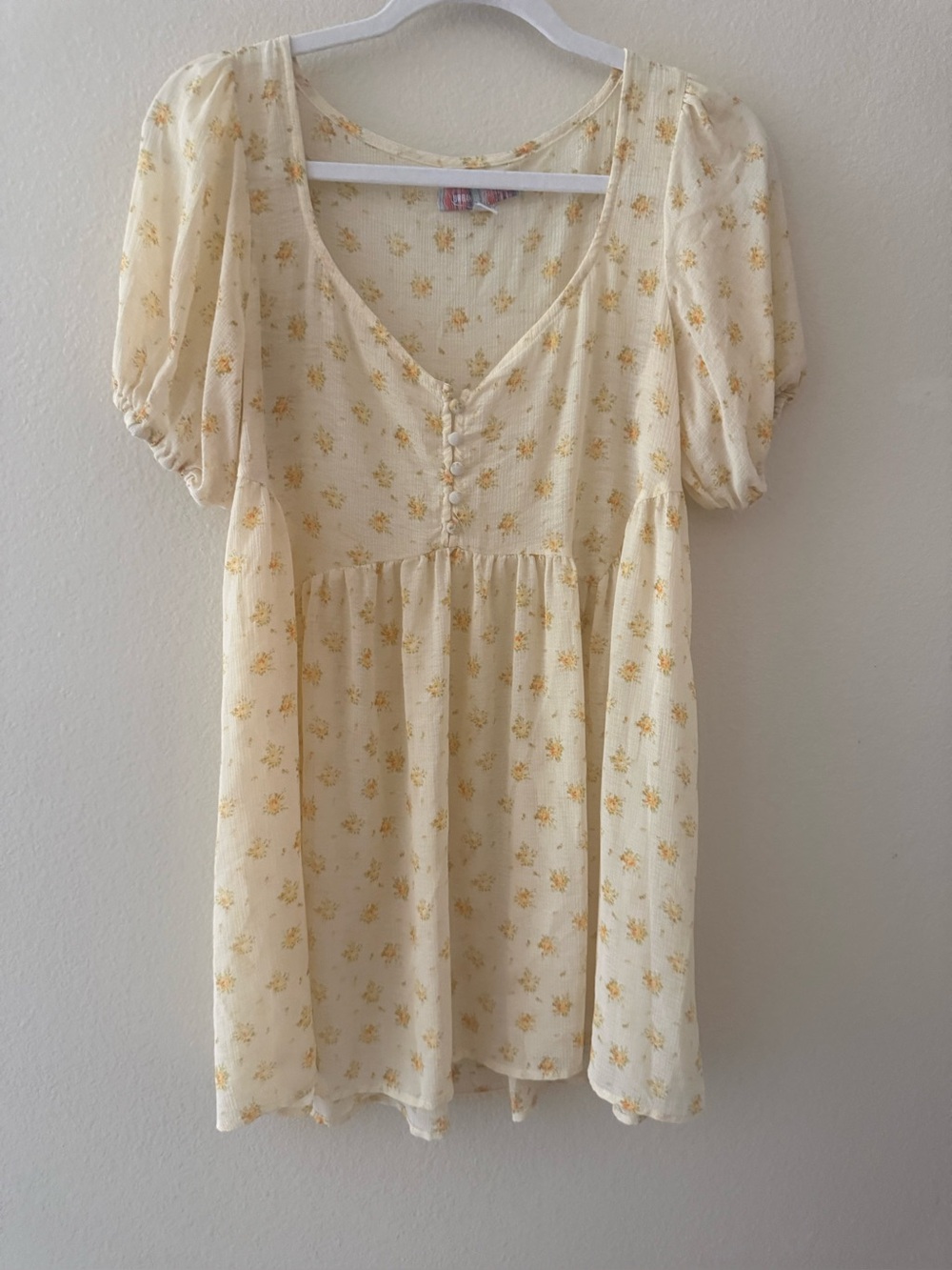 URBAN OUTFITTERS YELLOW FLORAL CECILIA CHIFFON BABYDOLL MINI DRESS SZ SMALL